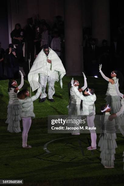 Tobe Nwigwe performs at the Moncler X Pharrell Williams launch party during the Milan Fashion Week Womenswear Spring/Summer 2024 on September 20,...