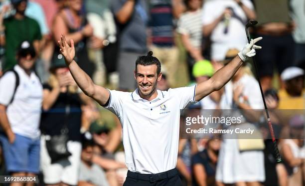 Rome , Italy - 27 September 2023; Former professional footballer Gareth Bale celebrates after a chip on the 18th hole during the All-Star Match...