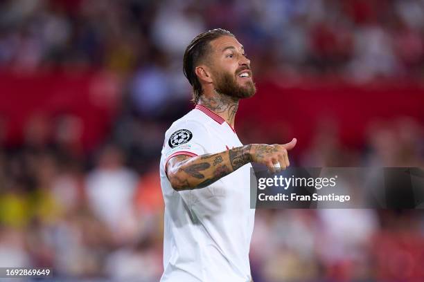 Sergio Ramos of Sevilla FC looks on during the UEFA Champions League match between Sevilla FC and RC Lens at Estadio Ramon Sanchez Pizjuan on...