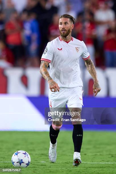 Sergio Ramos of Sevilla FC in action during the UEFA Champions League match between Sevilla FC and RC Lens at Estadio Ramon Sanchez Pizjuan on...