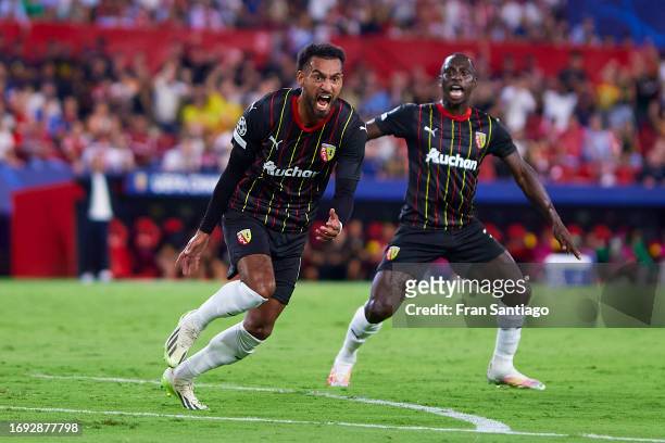 Angelo Fulgini of RC Lens celebrates after scoring the team's first goal during the UEFA Champions League match between Sevilla FC and RC Lens at...