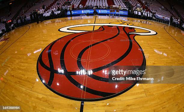 View of the Miami Heat logo on the court during Game One of the Eastern Conference Finals between the Miami Heat and the Indiana Pacers at...