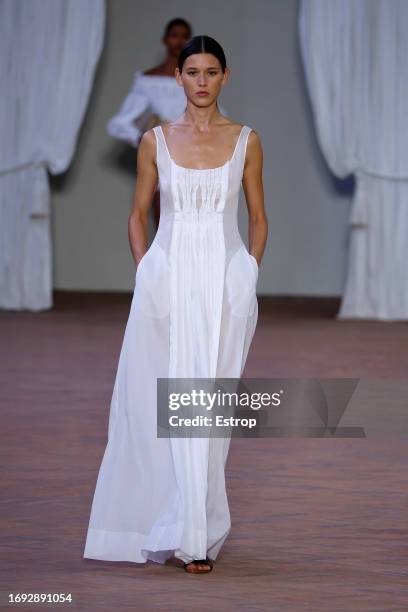 Model walks the runway at the Alberta Ferretti fashion show during the Milan Fashion Week Womenswear Spring/Summer 2024 on September 20, 2023 in...