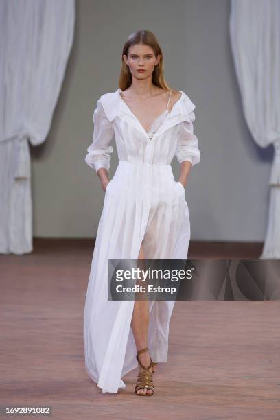 Model walks the runway at the Alberta Ferretti fashion show during the Milan Fashion Week Womenswear Spring/Summer 2024 on September 20, 2023 in...