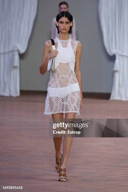 Model walks the runway at the Alberta Ferretti fashion show during the Milan Fashion Week Womenswear Spring/Summer 2024 on September 20, 2023 in...