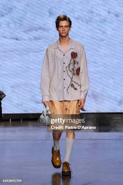 Model walks the runway at the Antonio Marras fashion show during the Milan Fashion Week Womenswear Spring/Summer 2024 on September 20, 2023 in Milan,...