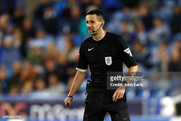 Fourth official Tom Reeves takes charge as the referee after the original referee Darren Bond suffers an injury during the Sky Bet Championship match...