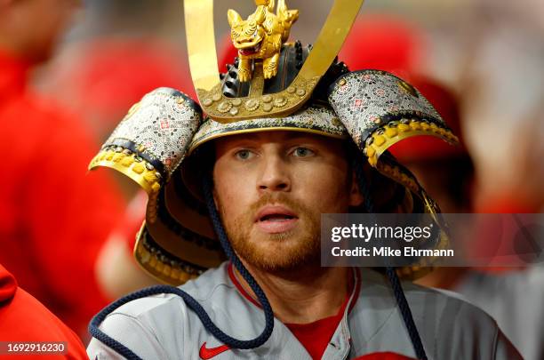 Brandon Drury of the Los Angeles Angels is congratulated after hitting a three run home run in the second inning during a game against the Tampa Bay...