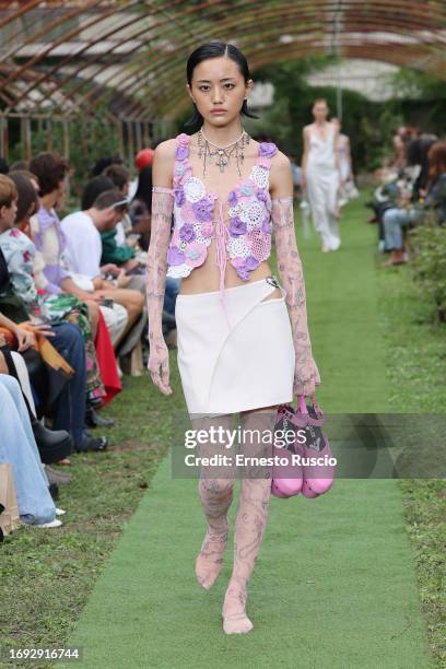 Model walks the runway at the Marco Rambaldi fashion show during the Milan Fashion Week Womenswear Spring/Summer 2024 on September 20, 2023 in Milan,...