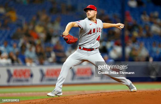 Reid Detmers of the Los Angeles Angels pitches during a game against the Tampa Bay Rays at Tropicana Field on September 20, 2023 in St Petersburg,...