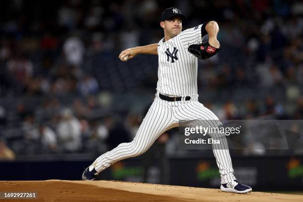 Michael King of the New York Yankees delivers a pitch in the first inning against the Toronto Blue Jays at Yankee Stadium on September 20, 2023 in...