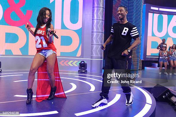 Guest Co-Host Sevyn Streeter with Shorty Da Prince at BET's "106 & Park" at BET Studios on May 22, 2013 in New York City.