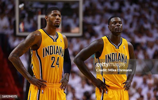 Paul George and Lance Stephenson of the Indiana Pacers look on in the second half against the Miami Heat during Game One of the Eastern Conference...