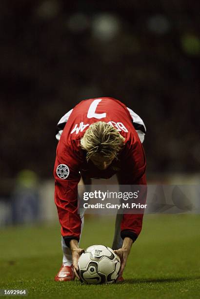 David Beckham of Manchester United placing the ball ready to take a freekick during the Manchester United v Deportivo La Coruna UEFA Champions...