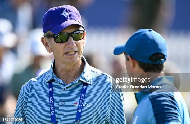 Rome , Italy - 27 September 2023; Putting coach Brad Faxon, left, in conversation with Rory McIlroy of Europe during a practice round before the 2023...