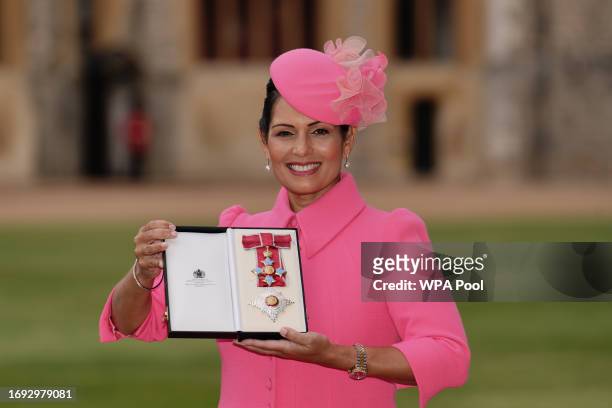 Priti Patel, formerly Home Secretary, after being made a Dame Commander of the British Empire at an investiture ceremony at Windsor Castle on...