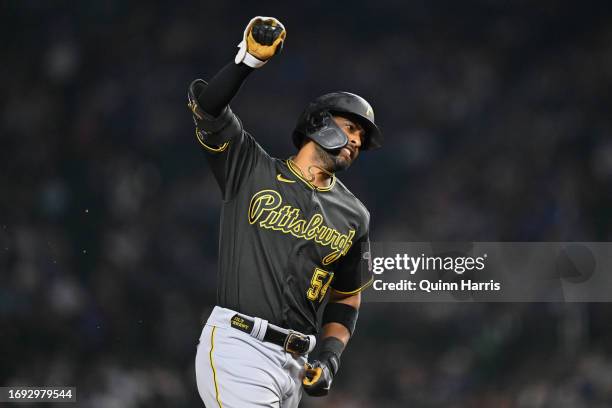 Joshua Palacios of the Pittsburgh Pirates reacts after his three-run home run in the fourth inning off Jose Cuas of the Chicago Cubs at Wrigley Field...