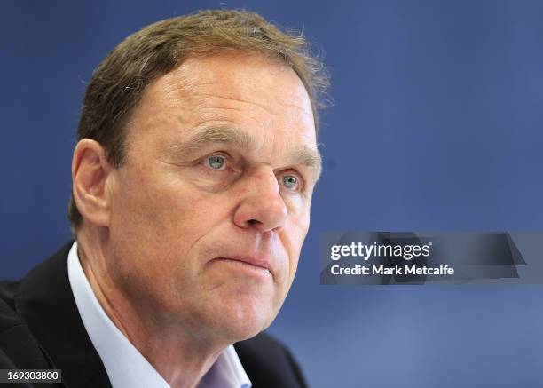 Australian Socceroos coach Holger Osieck speaks to the media during a FFA press conference at the FFA Offices on May 23, 2013 in Sydney, Australia.
