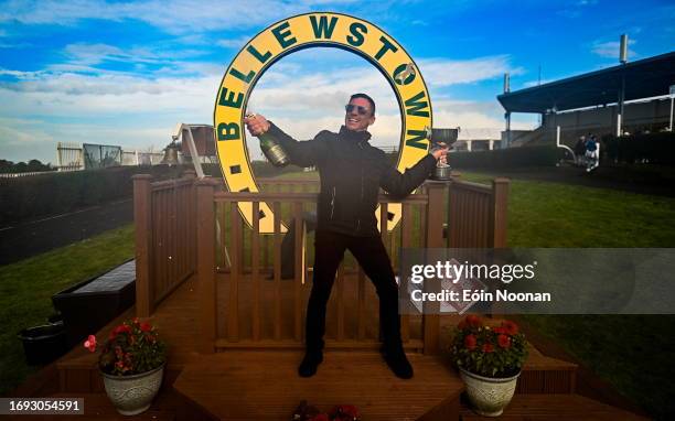 Meath , Ireland - 27 September 2023; Winning captain Frankie Dettori celebrates with the cup after the Barney Curley Cup at Bellewstown Racecourse in...