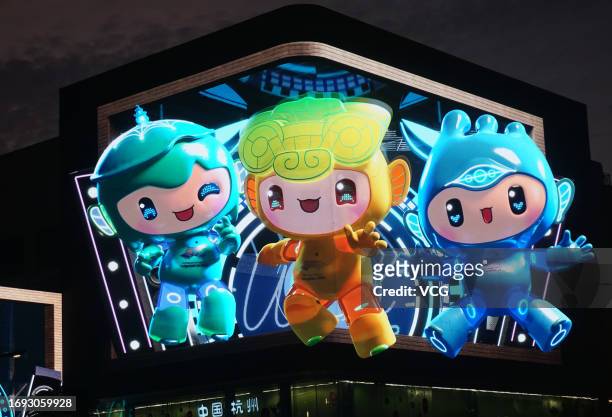 Naked eye 3D video featuring mascots of the 19th Asian Games Hangzhou 2022 is displayed on a large outdoor screen on September 20, 2023 in Hangzhou,...