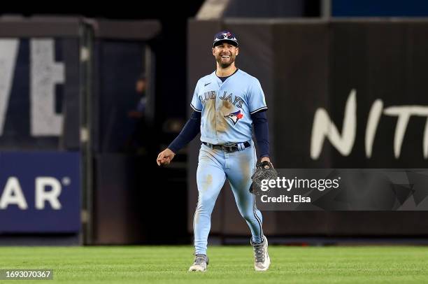 Kevin Kiermaier of the Toronto Blue Jays celebrates the win over the New York Yankees at Yankee Stadium on September 20, 2023 in the Bronx borough of...