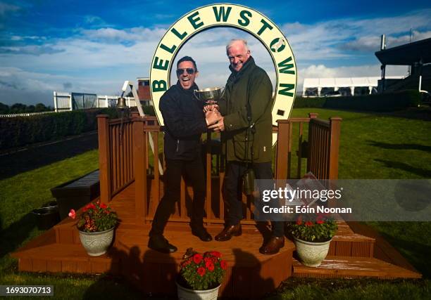 Meath , Ireland - 27 September 2023; Winning captain Frankie Dettori celebrates with the cup alongside losing captain Willie Mullins after the Barney...