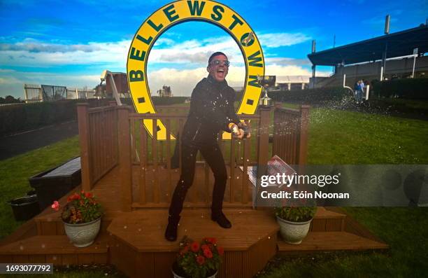 Meath , Ireland - 27 September 2023; Winning captain Frankie Dettori celebrates with the cup after the Barney Curley Cup at Bellewstown Racecourse in...