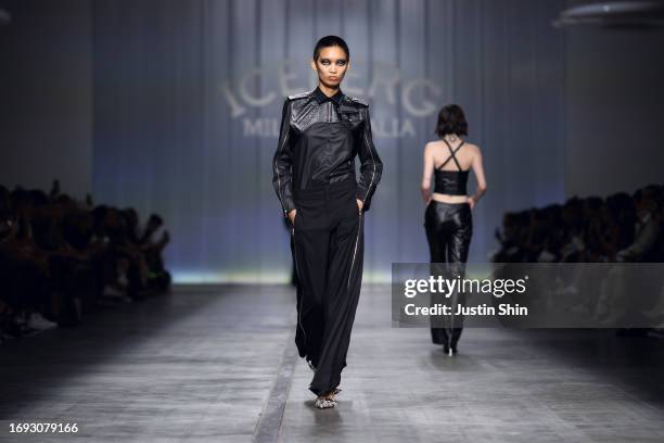 Model walks the runway at the Iceberg fashion show during the Milan Fashion Week Womenswear Spring/Summer 2024 on September 20, 2023 in Milan, Italy.