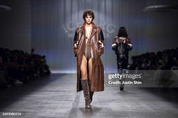 Model walks the runway at the Iceberg fashion show during the Milan Fashion Week Womenswear Spring/Summer 2024 on September 20, 2023 in Milan, Italy.