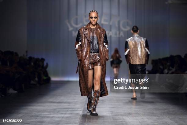 Model walks the runway at the Iceberg fashion show during the Milan Fashion Week Womenswear Spring/Summer 2024 on September 20, 2023 in Milan, Italy.