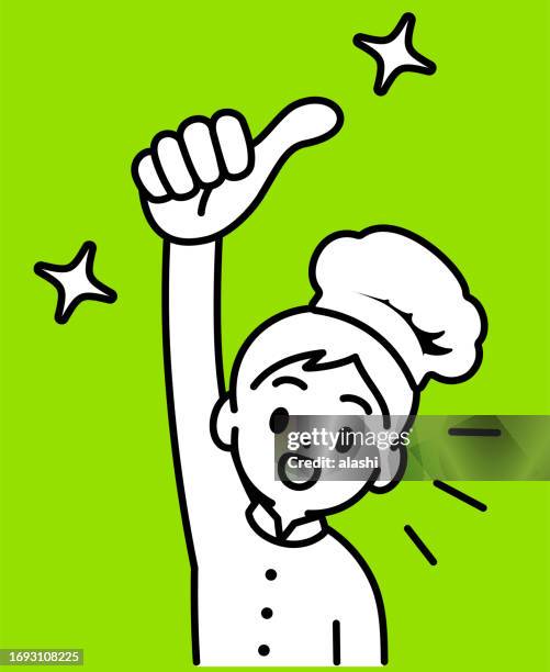 a chef boy raising his right hand, giving a thumbs up, looking at the viewer, minimalist style, black and white outline - foodie stock illustrations