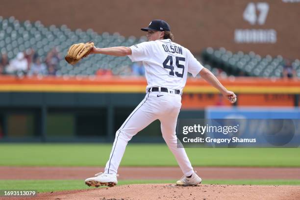 Reese Olson of the Detroit Tigers plays against the Cincinnati Reds at Comerica Park on September 14, 2023 in Detroit, Michigan.