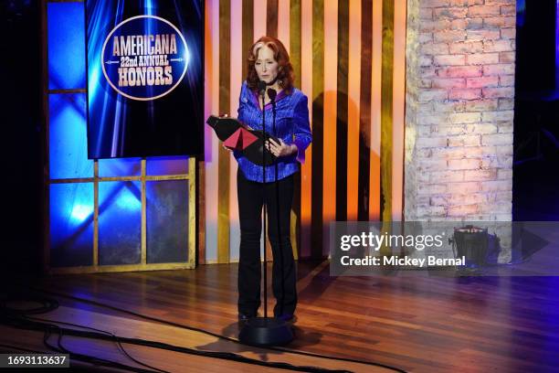 Bonnie Raitt speaks onstage at the 2023 Annual Americana Honors & Awards at Ryman Auditorium on September 20, 2023 in Nashville, Tennessee.