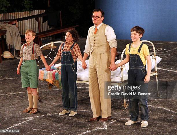 Harry Bennett, Izzy Lee, Robert Sean Leonard and Adam Scotland take a curtain call after performing in 'To Kill A Mockingbird' at Regents Park Open...