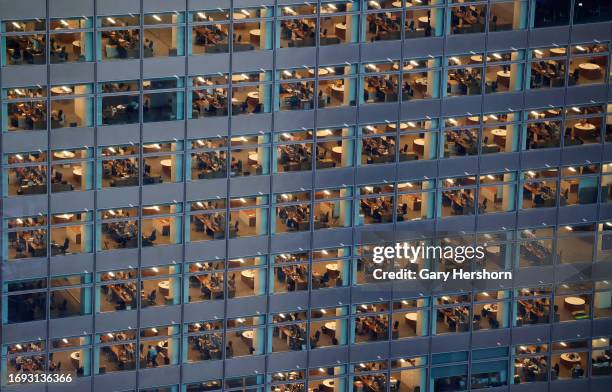 Few people work in the Goldman Sachs office tower as the sun sets on September 20 in New York City.