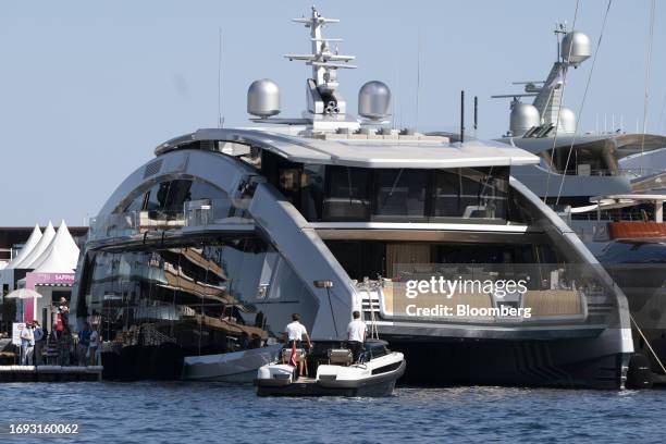 Luxury yacht exhibited on the opening day of the Monaco Yacht Show at Port Hercules in Monaco, on Wednesday, Sept. 27, 2023. The show runs from Sept....