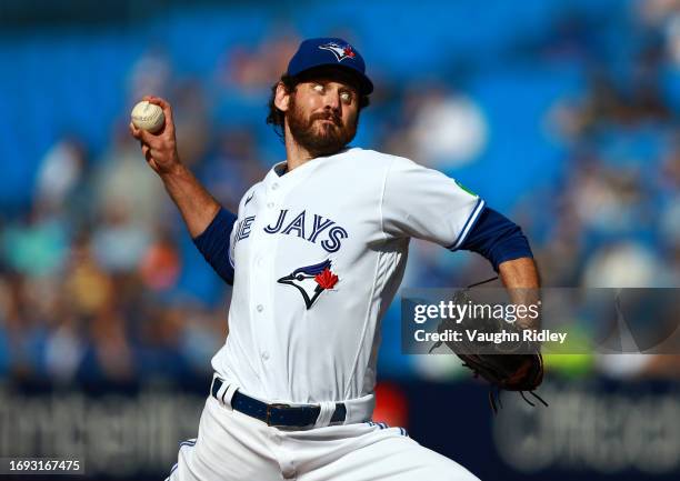 Jordan Romano of the Toronto Blue Jays delivers a pitch in the ninth inning against the Kansas City Royals at Rogers Centre on September 10, 2023 in...