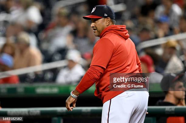 Manager Dave Martinez of the Washington Nationals walks across the field during the game against the Chicago White Sox at Nationals Park on September...