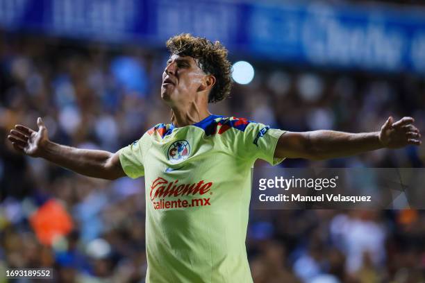 Igor Lichnovsky of America celebrates after scoring the team's second goal during the 2nd round match between Queretaro and America as part of the...