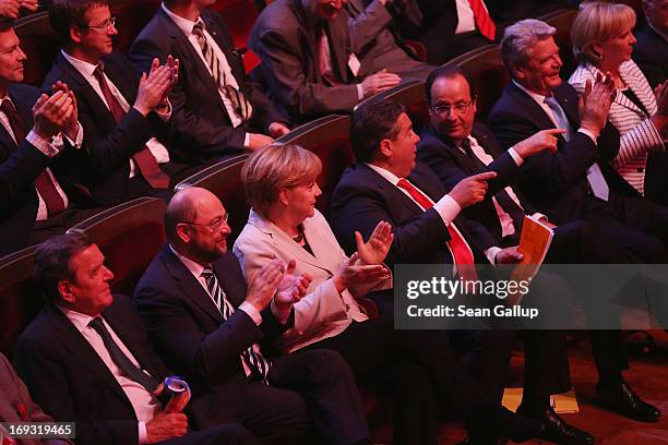 Former German Chancellor Gerhard Schroeder, European Parliament President Martin Schulz, German Chancellor Angela Merkel, German Social Democrats...