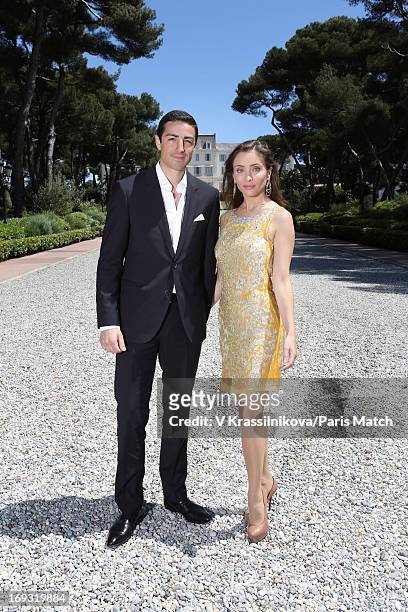 Prince Edouard de Ligne and his wife Isabella Orsini are photographed for Paris Match on May 17, 2013 in Cannes, France.