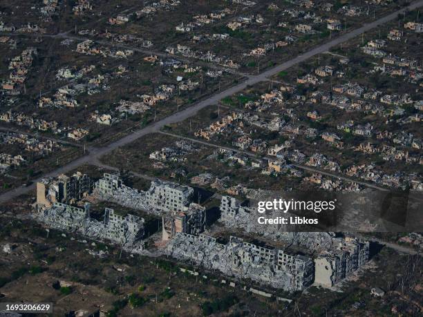 An aerial view of the city of Bakhmut totally destroyed from heavy battles on September 27, 2023 in Bakhmut, Ukraine. Destroyed towns in eastern...