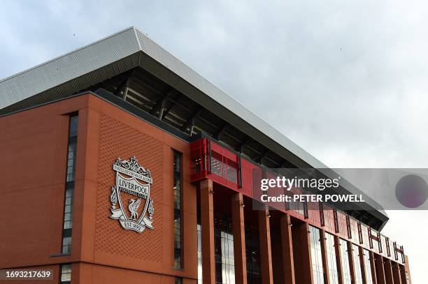 Photograph taken on September 27, 2023 shows Anfield prior to the English League Cup third round football match between Liverpool and Leicester City,...