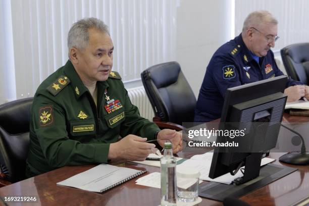 Russian Defense Minister Sergei Shoigu speaks during the meeting with the participation of the company's management and the relevant military...