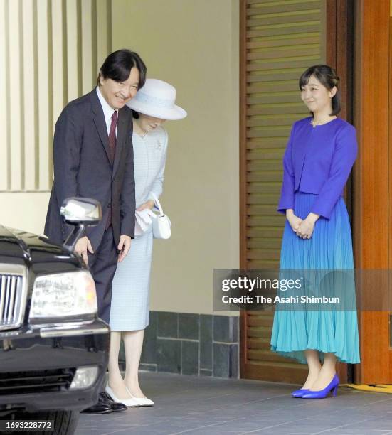 Crown Prince Fumihito, Crown Prince Akishino and Crown Princess Kiko of Akishino are seen off by their daughter Princess Kako of Akishino at Akasaka...