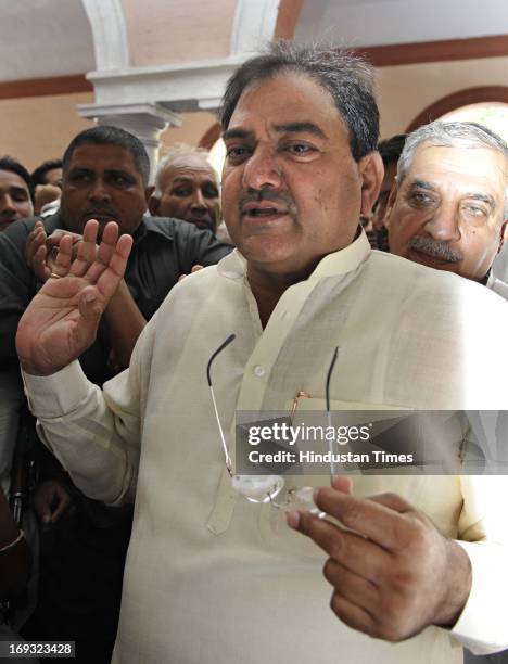 Indian National Lok Dal leader Abhay Singh Chautala with his supporters at RML hospital as his father and INLD Chief Om Prakash Choutala was...