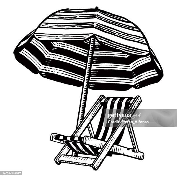 strand stuhl und sonnenschirm - strandschirm stock-grafiken, -clipart, -cartoons und -symbole