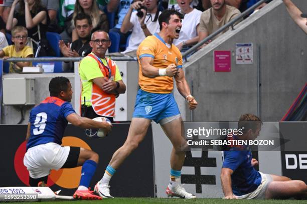 Uruguay's full-back Baltazar Amaya celebrates after scoring a try during the France 2023 Rugby World Cup Pool A match between Uruguay and Namibia at...
