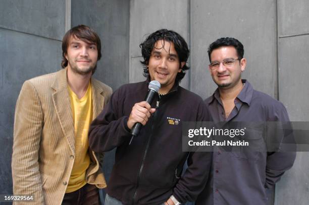 Portrait of Latin pop group Bacilos, Chicago, Illinois, May 20, 2003. Pictured are, from left, Brazilian bassist Andre Lopes, Colombian singer and...