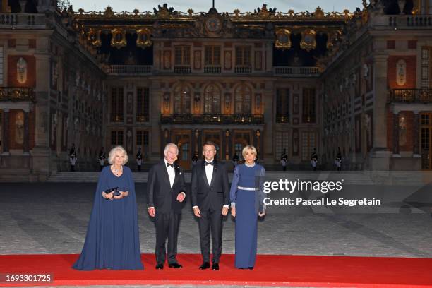 Queen Camilla, King Charles III, President of France Emmanuel Macron and Brigitte Macron arrives at the Palace of Versailles ahead of the State...